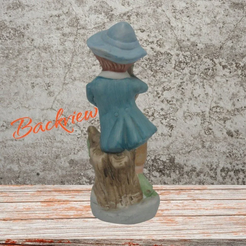 Vintage Barefoot Boy Holding Grapes Figurine Blue Hat Blue Coat 6 1/2 inches
